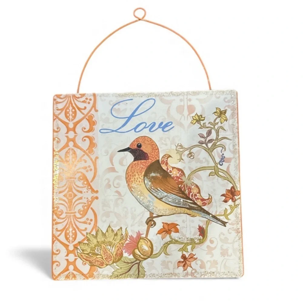 Ashland Decorative Orange Multi Square Tin Love &  Bird Themed Wall Hanging NWT